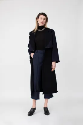 3 in 1 Trench Coat in Magee’s navy tweed & contrast black melton raw edge 100% wool 3 in 1 Trench Coat in Magee’s navy tweed & contrast black melton raw edge 100% wool