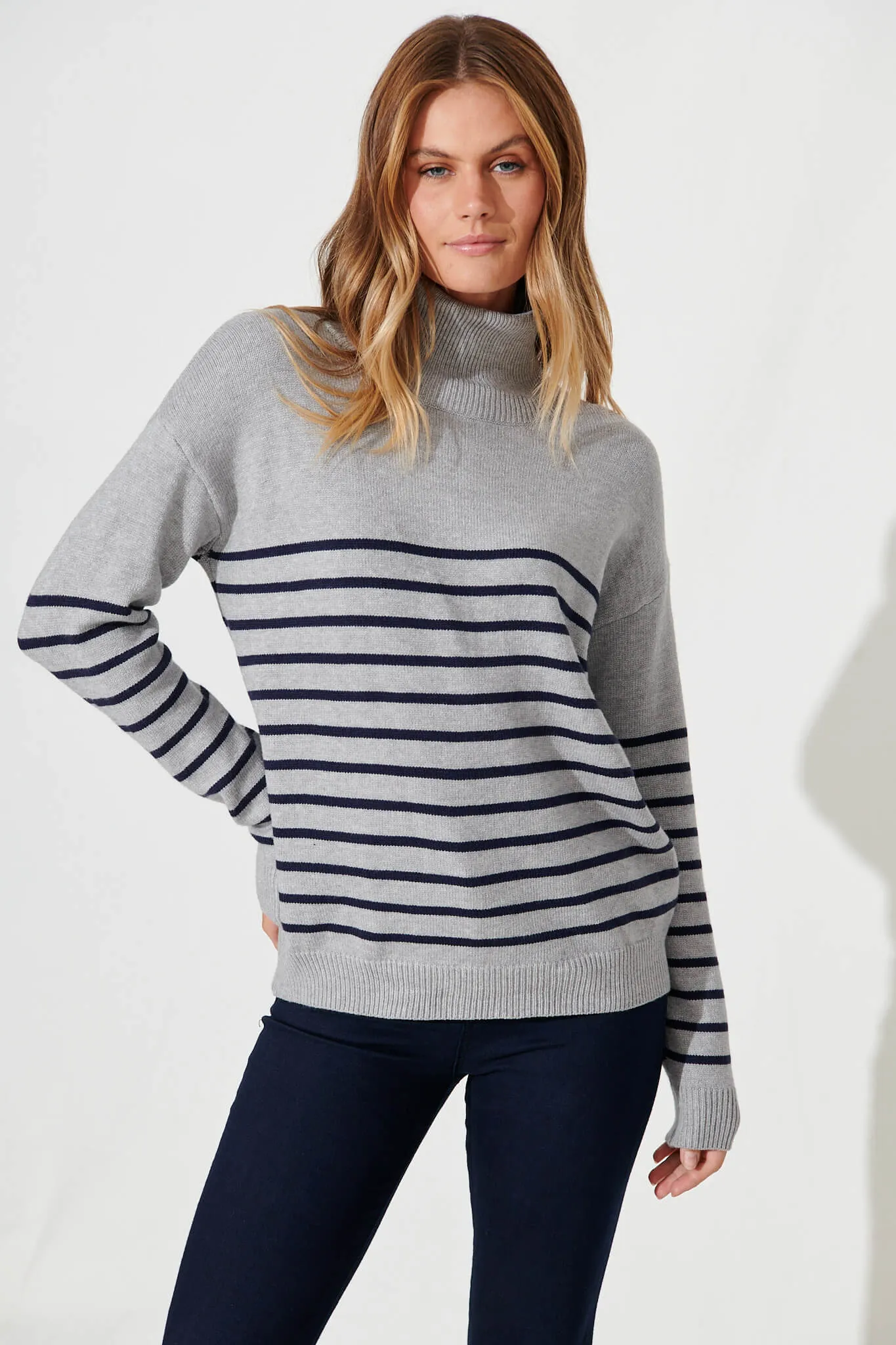 Alps Knit In Grey With Navy Stripe Wool Blend