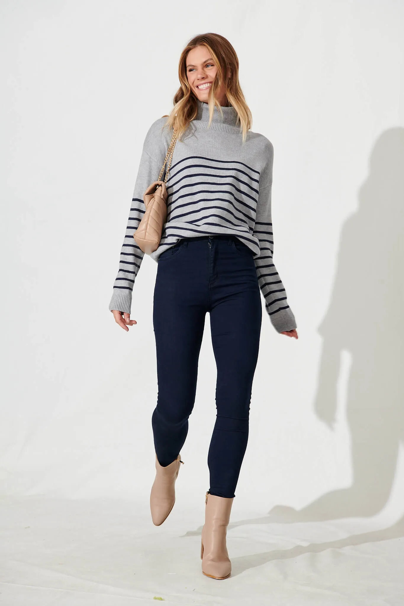 Alps Knit In Grey With Navy Stripe Wool Blend