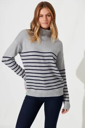 Alps Knit In Grey With Navy Stripe Wool Blend