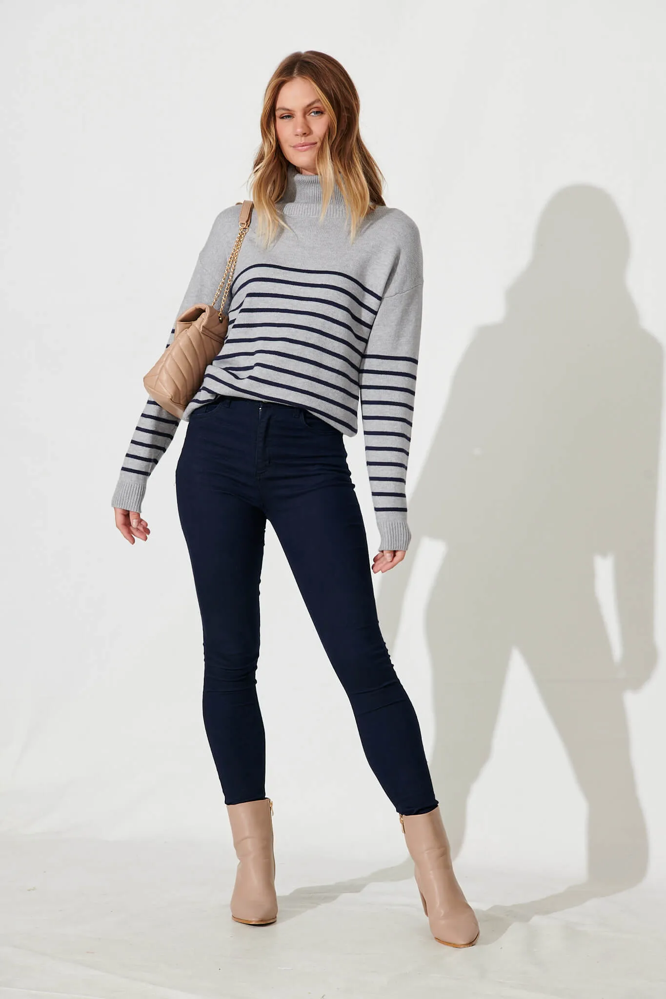 Alps Knit In Grey With Navy Stripe Wool Blend