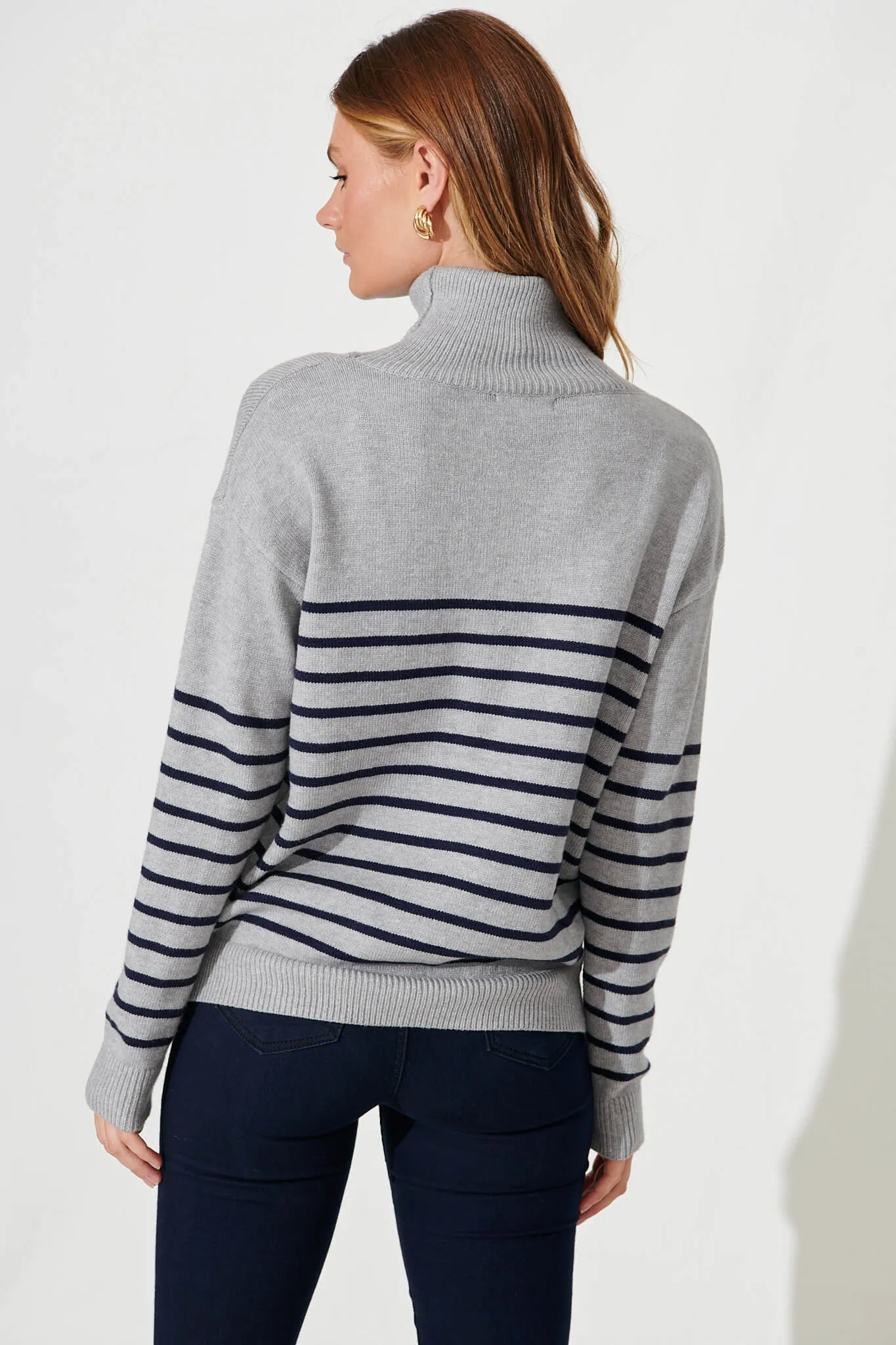Alps Knit In Grey With Navy Stripe Wool Blend