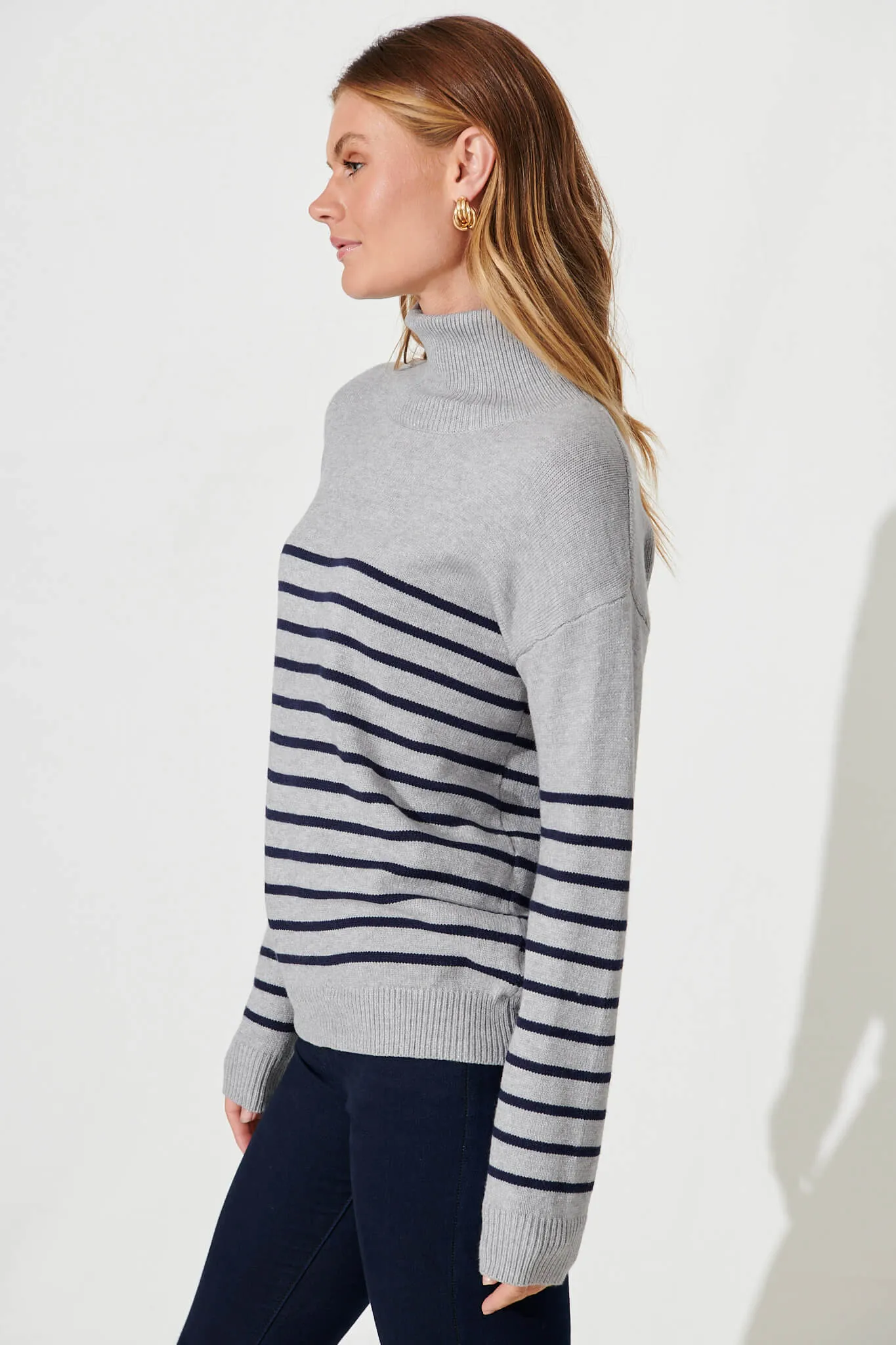Alps Knit In Grey With Navy Stripe Wool Blend