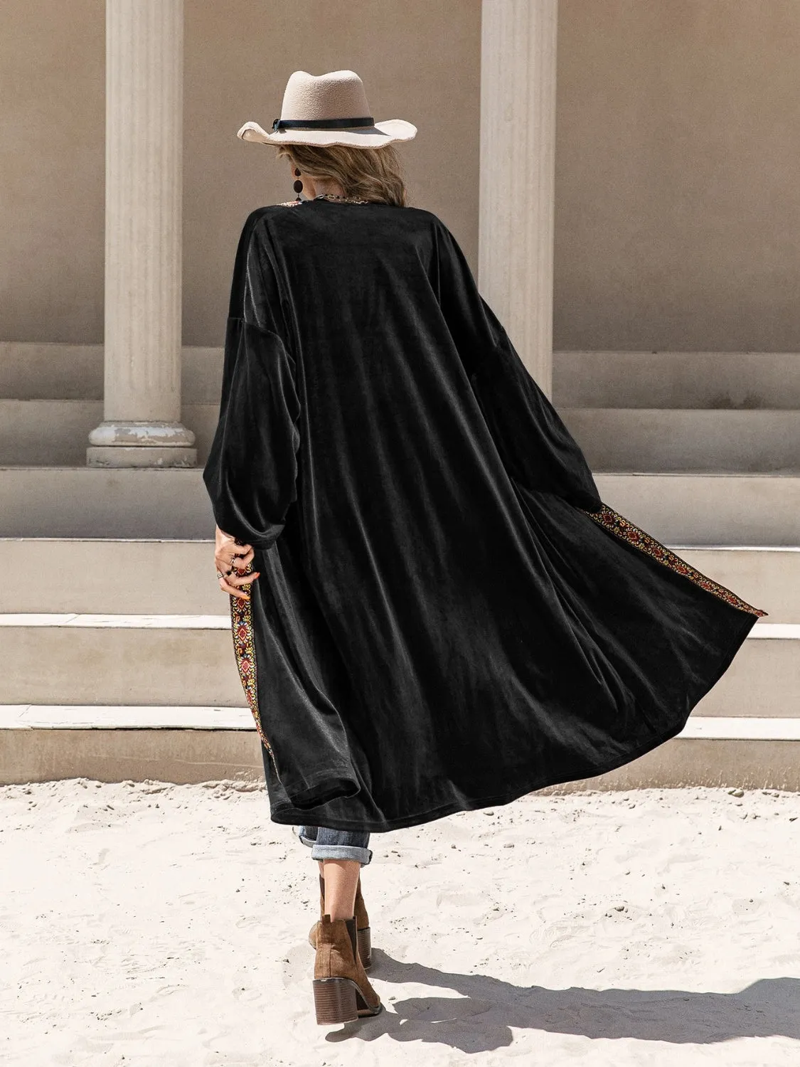 Black Velvet Floral Trim Open Front Flare Sleeve  Cardigan
