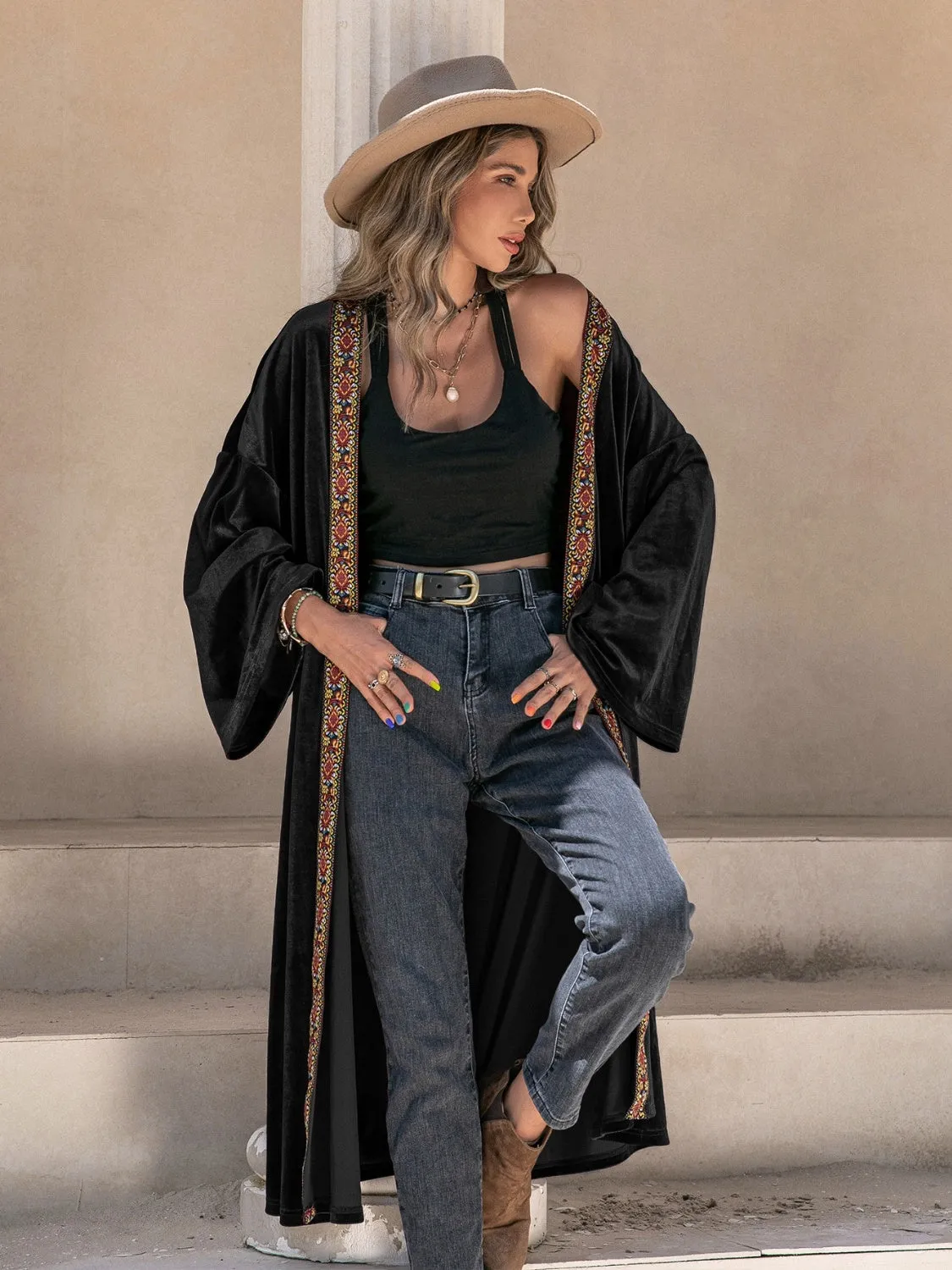 Black Velvet Floral Trim Open Front Flare Sleeve  Cardigan