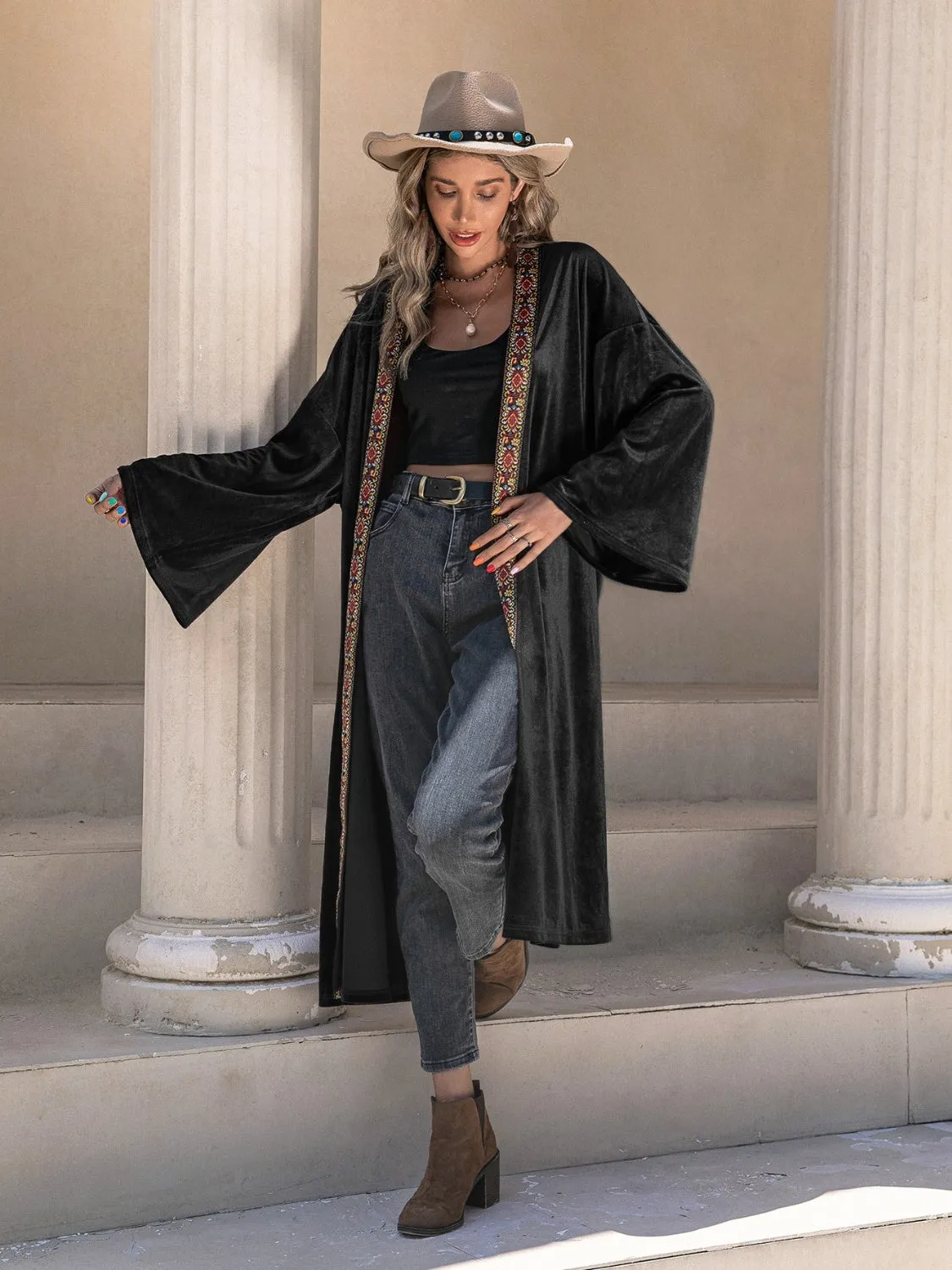 Black Velvet Floral Trim Open Front Flare Sleeve  Cardigan