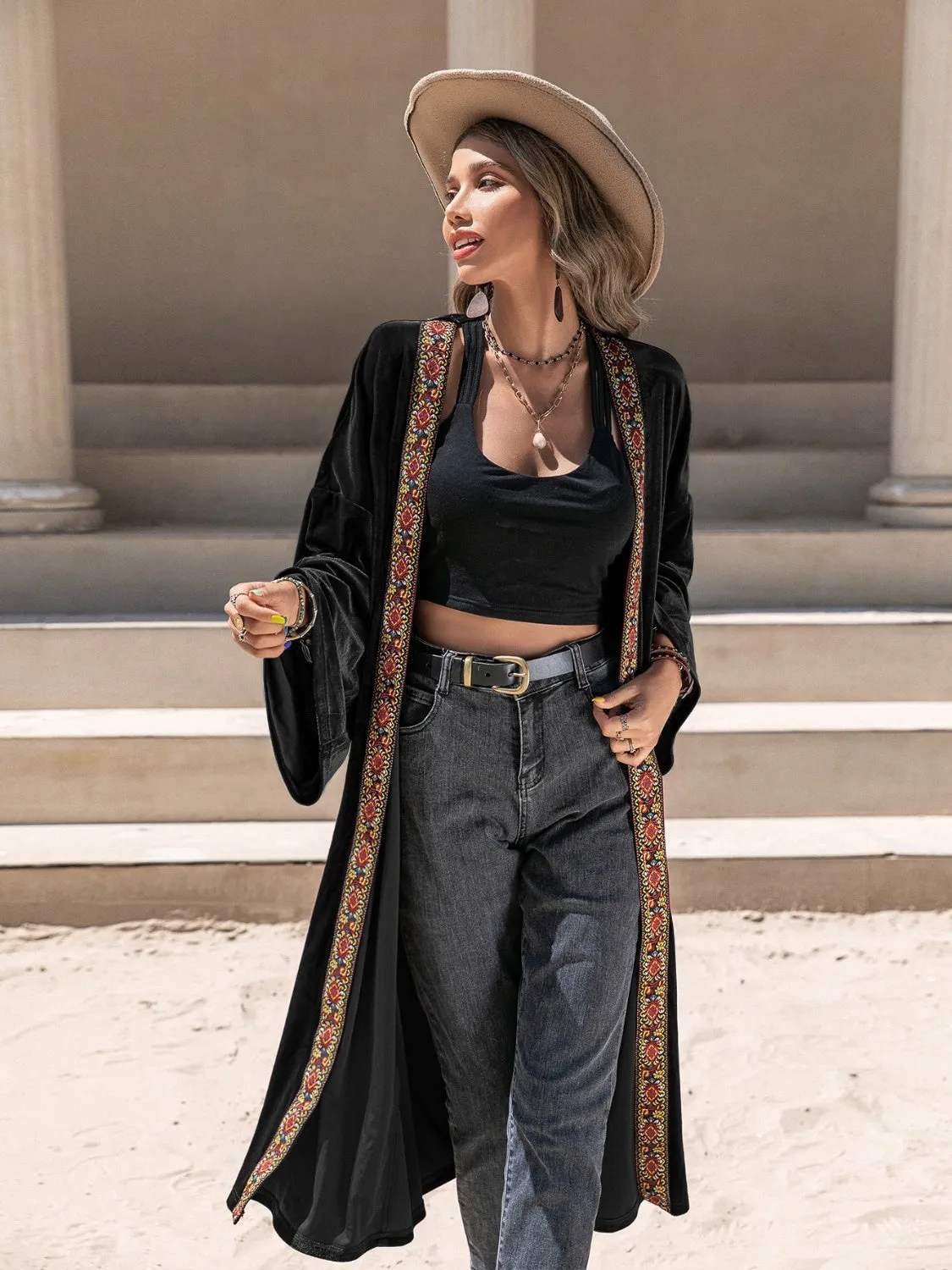 Black Velvet Floral Trim Open Front Flare Sleeve  Cardigan