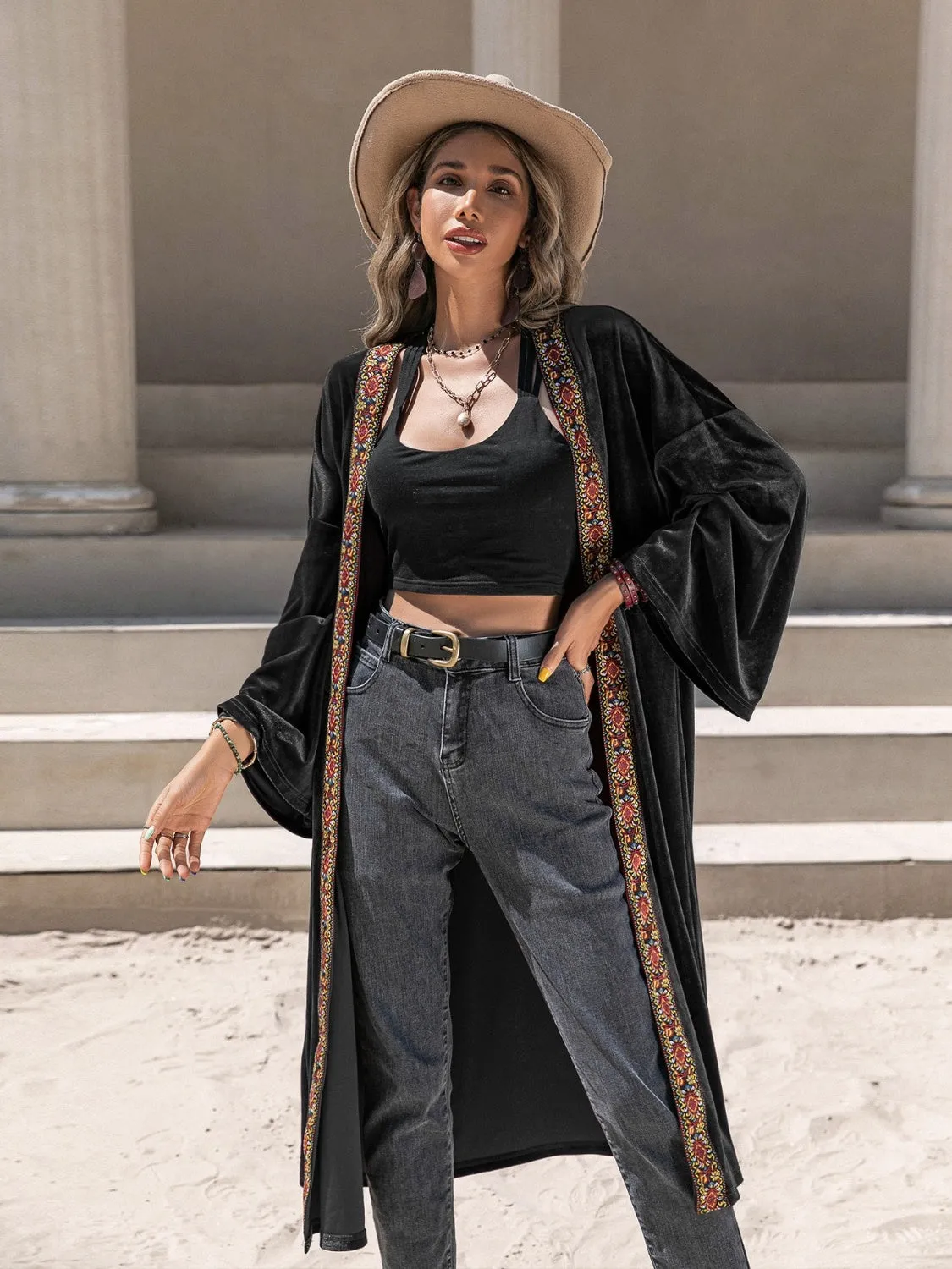 Black Velvet Floral Trim Open Front Flare Sleeve  Cardigan