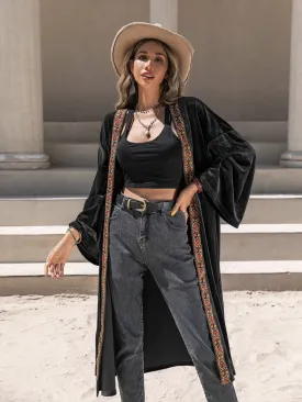 Black Velvet Floral Trim Open Front Flare Sleeve  Cardigan
