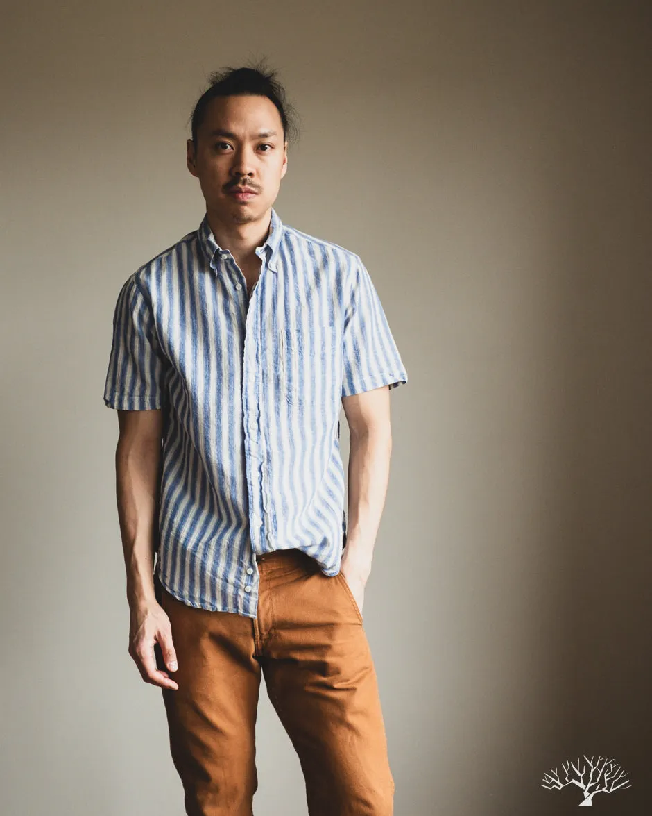 Blue Cotton/Ramie Cabana Stripe Short-Sleeve Shirt