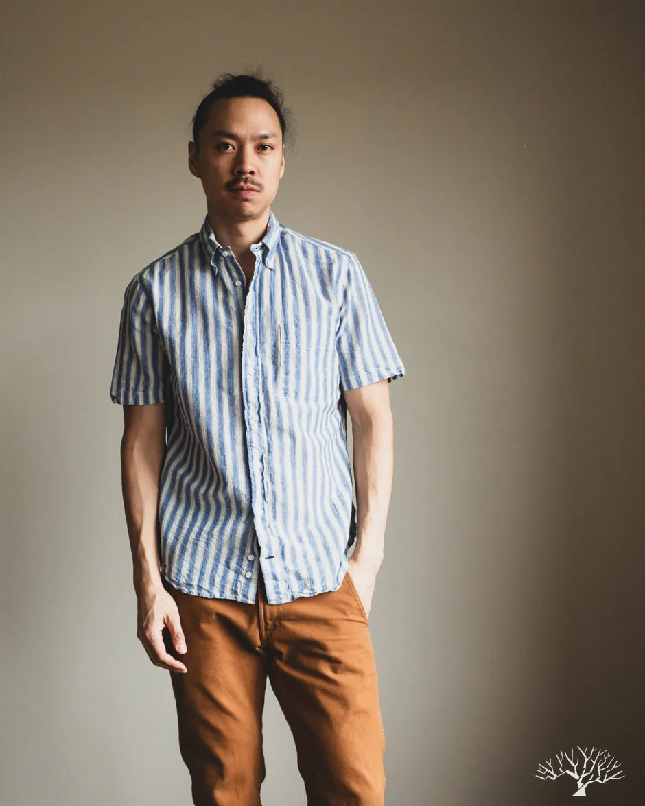 Blue Cotton/Ramie Cabana Stripe Short-Sleeve Shirt