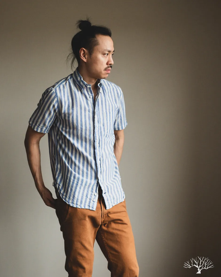 Blue Cotton/Ramie Cabana Stripe Short-Sleeve Shirt