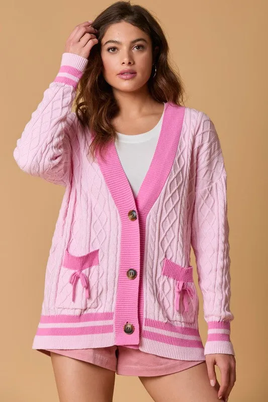 Cable Cardigan With Bow Tacking