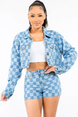 Chic Cropped Denim Jacket with Eye-Catching Checkered Design