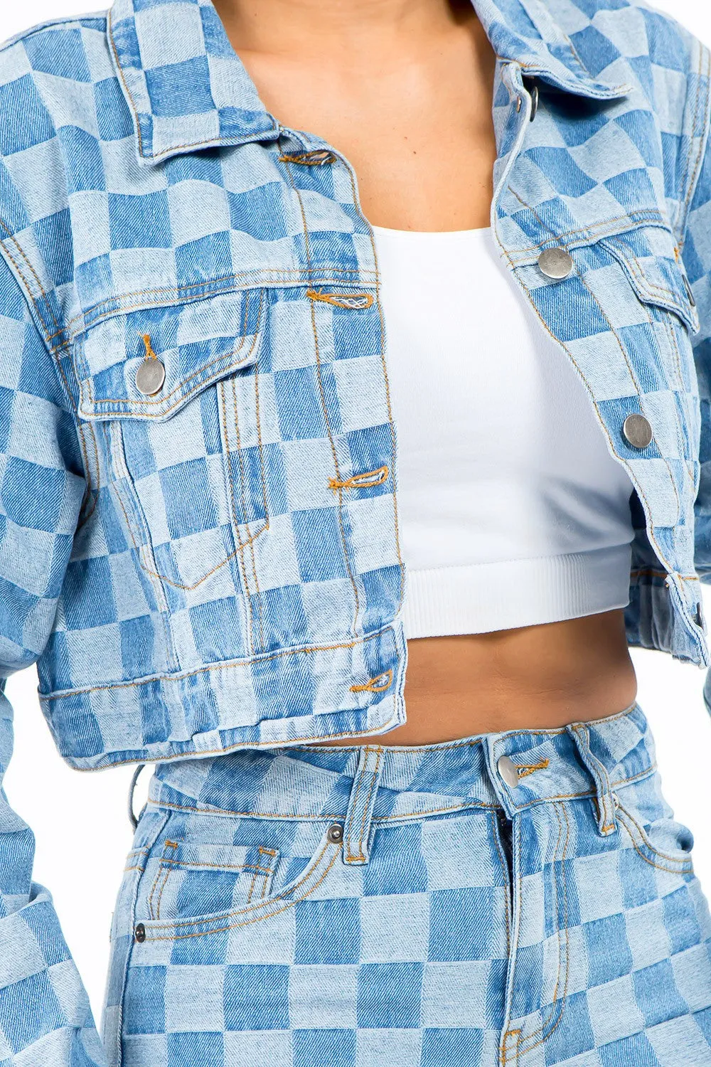 Chic Cropped Denim Jacket with Eye-Catching Checkered Design