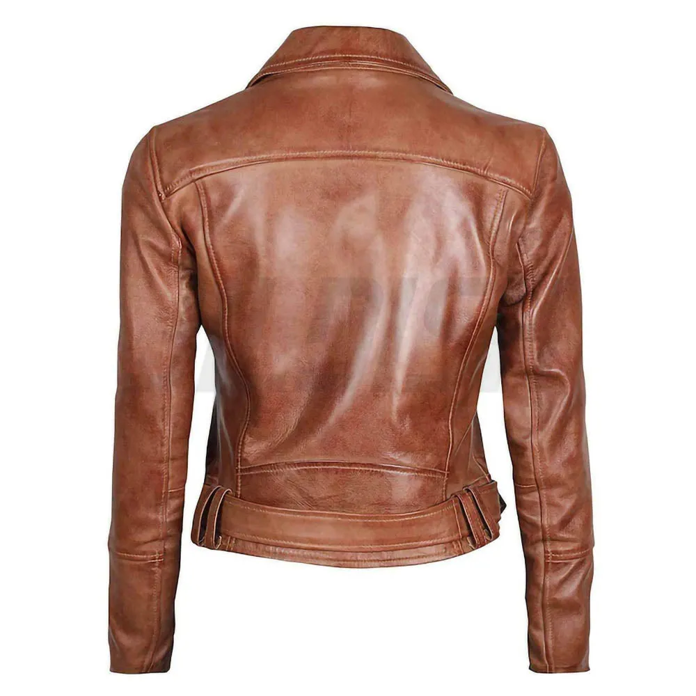 Cropped Style Wax Tan Womens Biker Genuine Leather Motorcycle Jacket