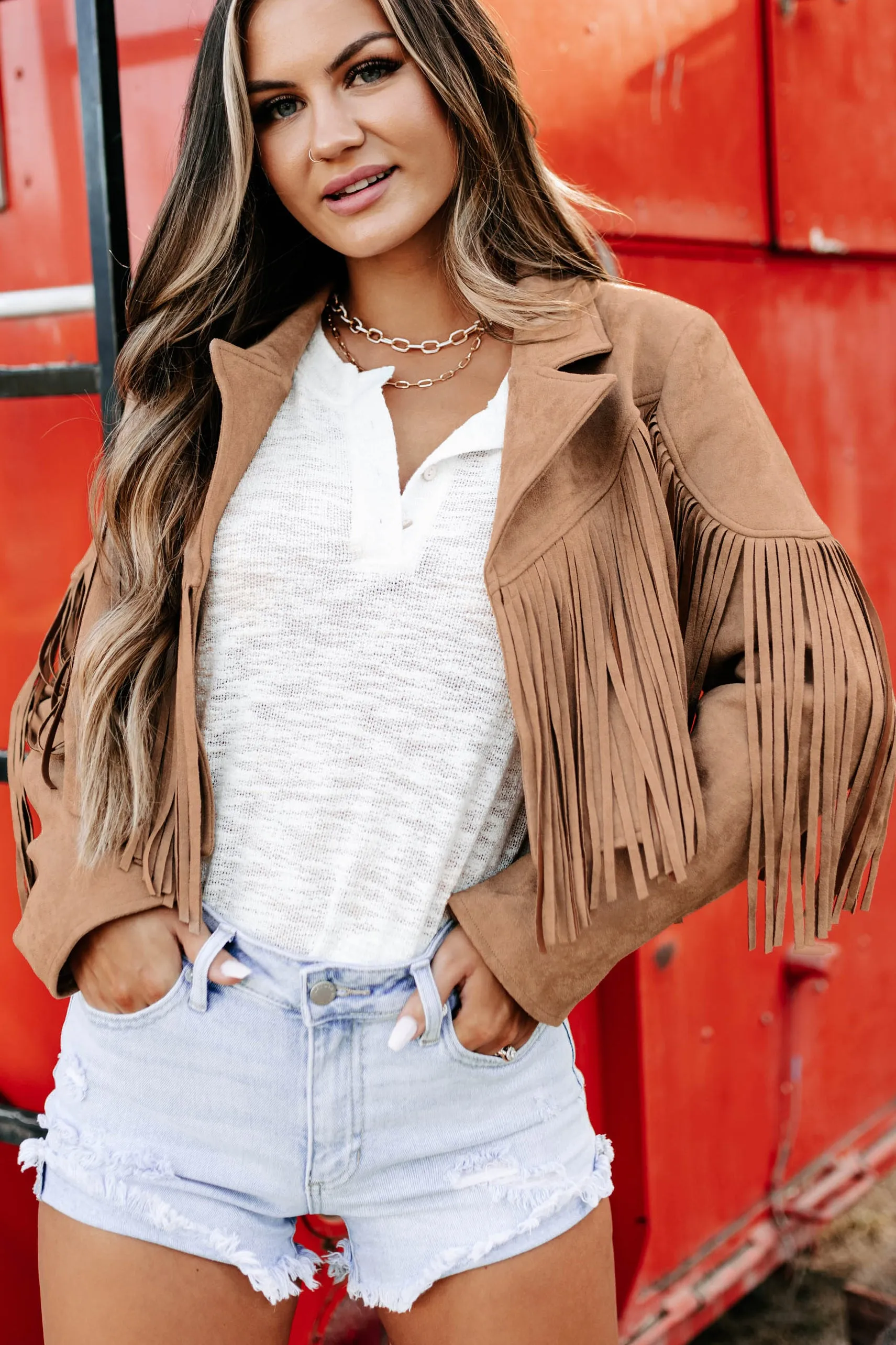Daring Delight Faux Suede Fringe Jacket (Tan)