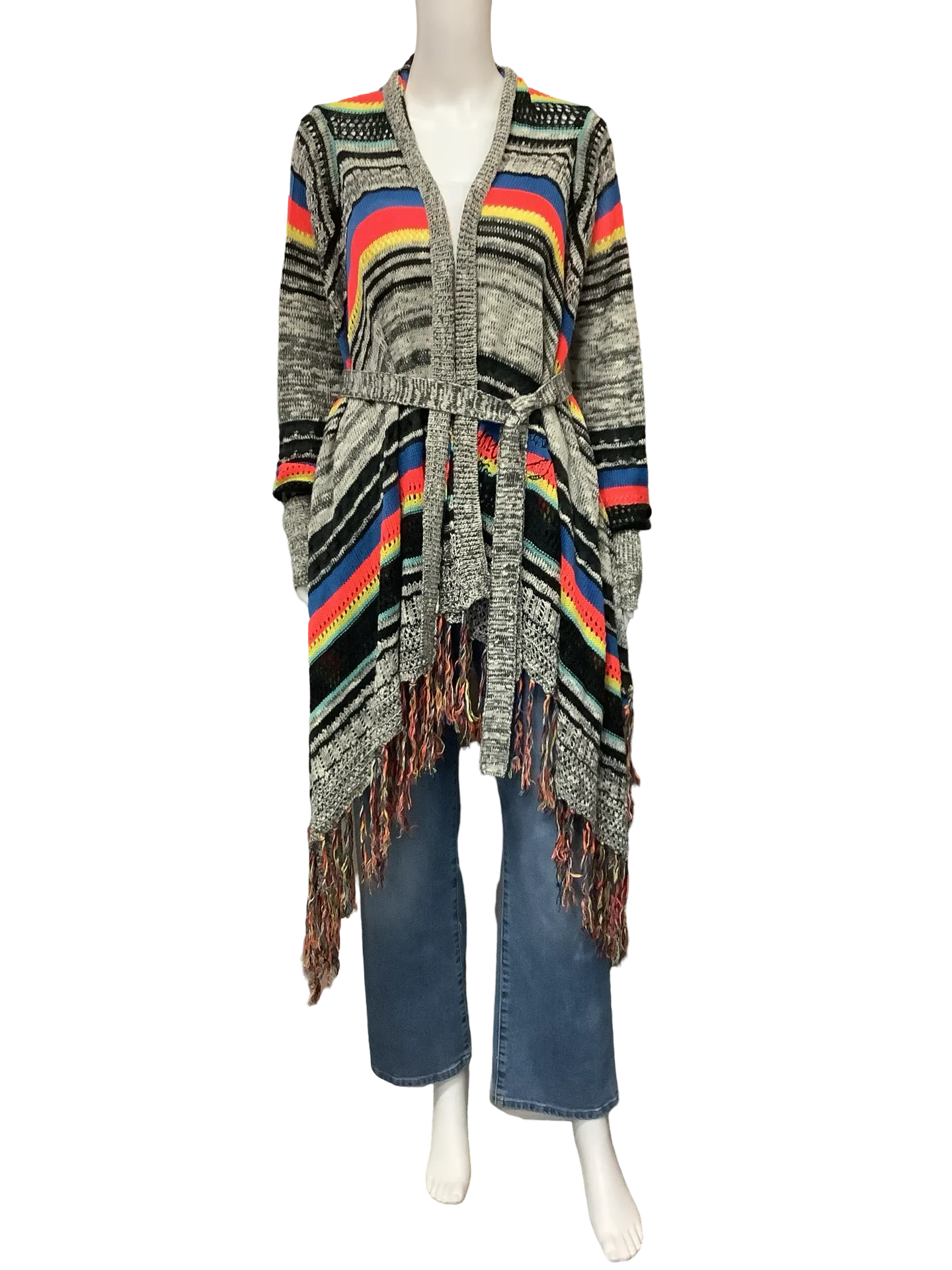 Desigual Cardigan Knitted Sweater Fringe Printed Size: L