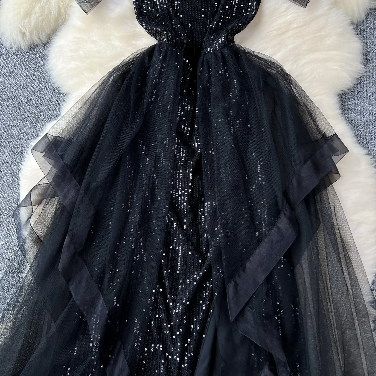 Elegant Black Mesh Sequined Slip Dress