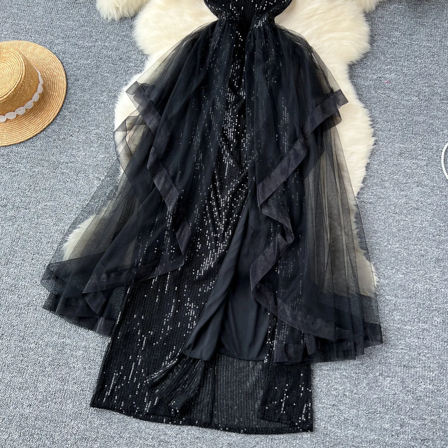 Elegant Black Mesh Sequined Slip Dress
