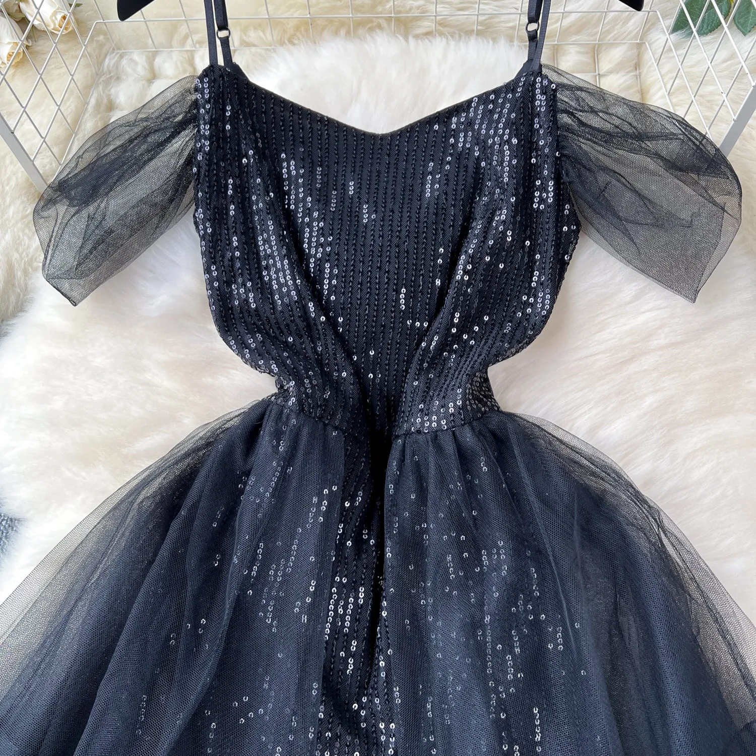 Elegant Black Mesh Sequined Slip Dress
