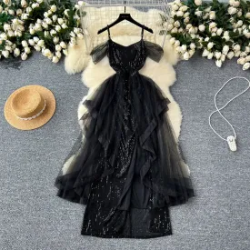 Elegant Black Mesh Sequined Slip Dress
