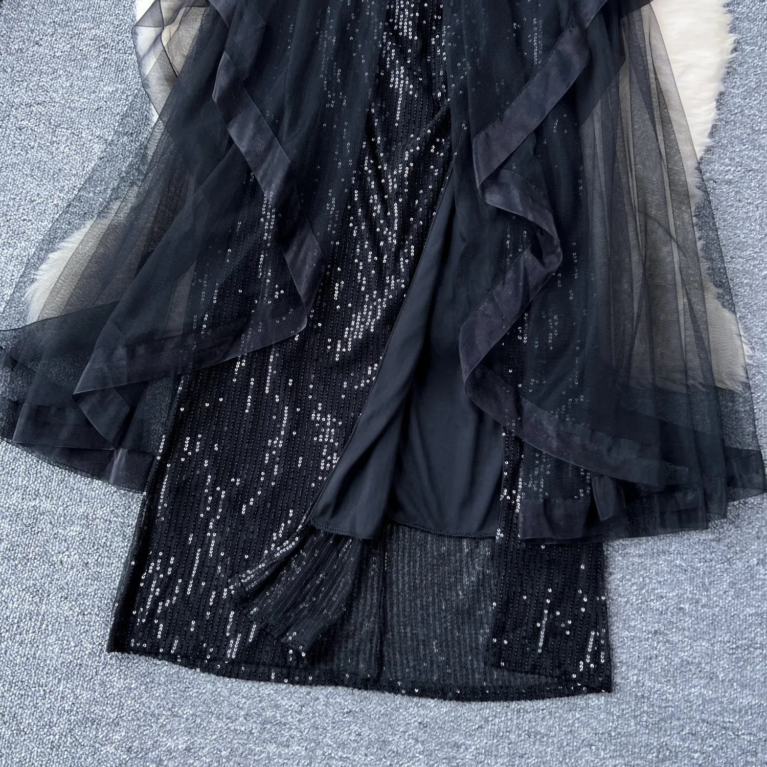 Elegant Black Mesh Sequined Slip Dress