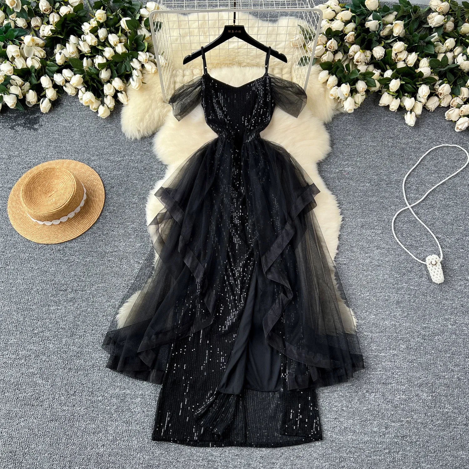 Elegant Black Mesh Sequined Slip Dress