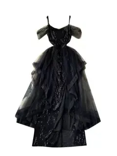 Elegant Black Mesh Sequined Slip Dress