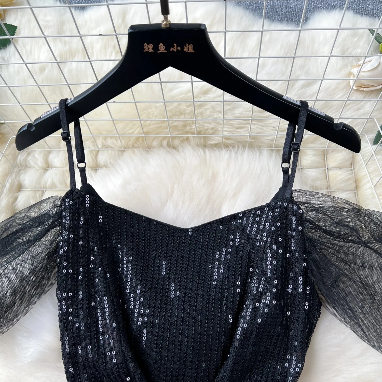 Elegant Black Mesh Sequined Slip Dress