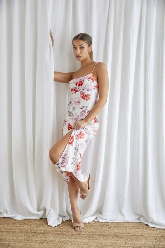 Florentina Cowl Neck Midi Floral Dress - Ivory