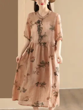FLYTONN- Women Summer Vintage Butterfly Embroidery Ramie Dress PP1036