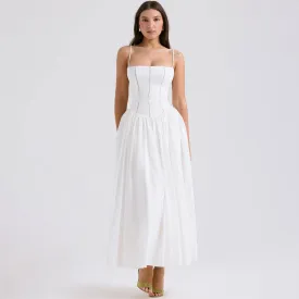 French Style Square Neck Spaghetti Strap Gathered Drop Waist Midi Sundress