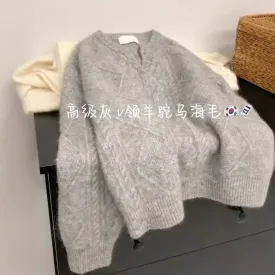 Grey V Neck Cabel Pattern Sweater