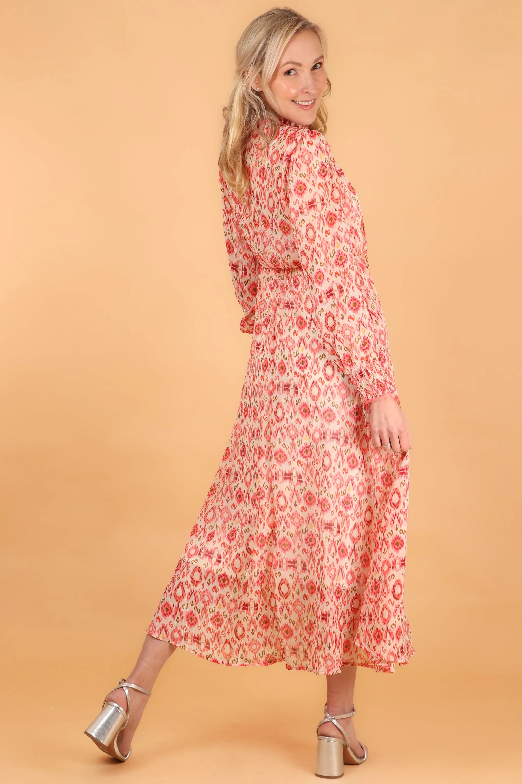 Ikat Print Shirred Shoulder Midi Dress in Coral