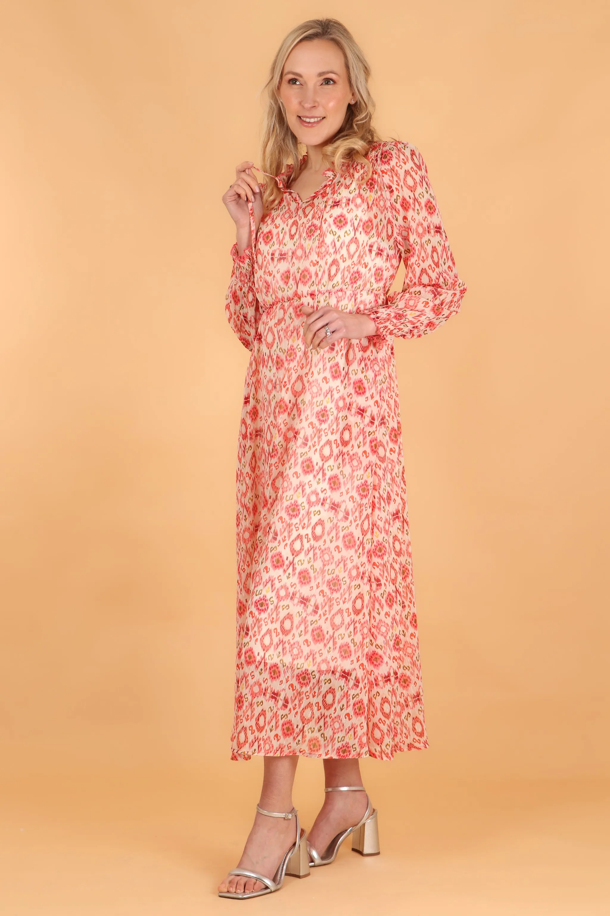 Ikat Print Shirred Shoulder Midi Dress in Coral