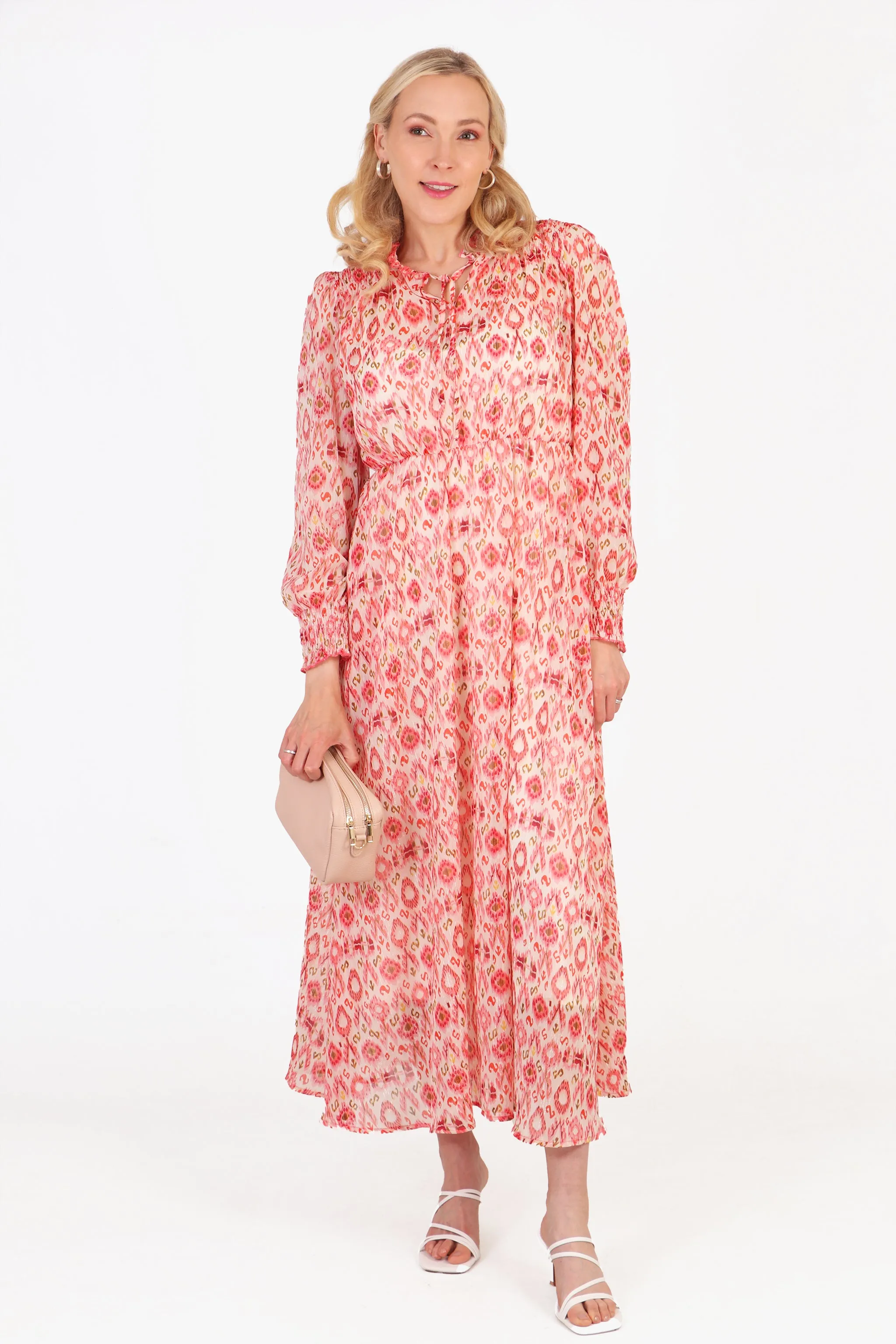 Ikat Print Shirred Shoulder Midi Dress in Coral