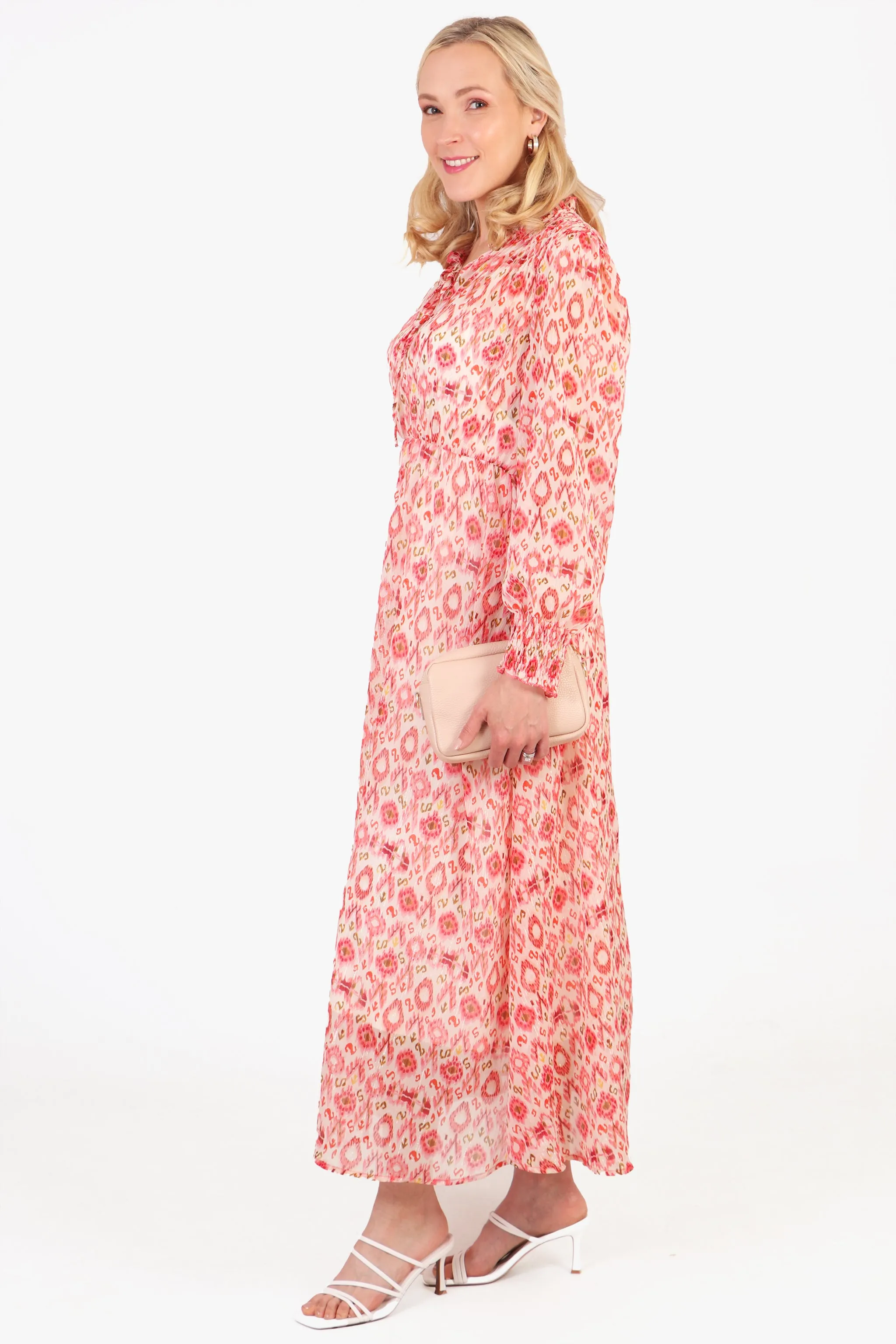 Ikat Print Shirred Shoulder Midi Dress in Coral
