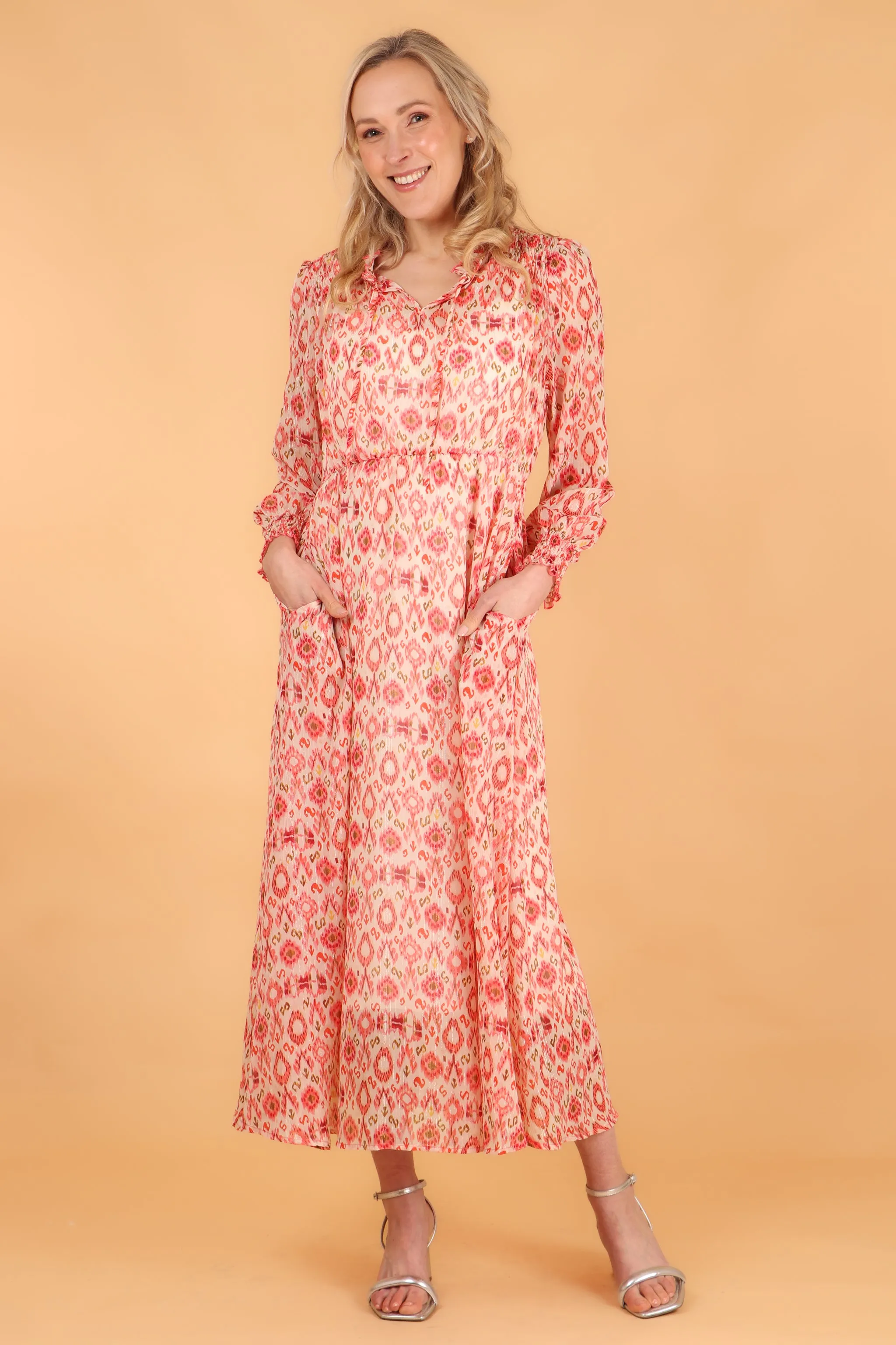 Ikat Print Shirred Shoulder Midi Dress in Coral
