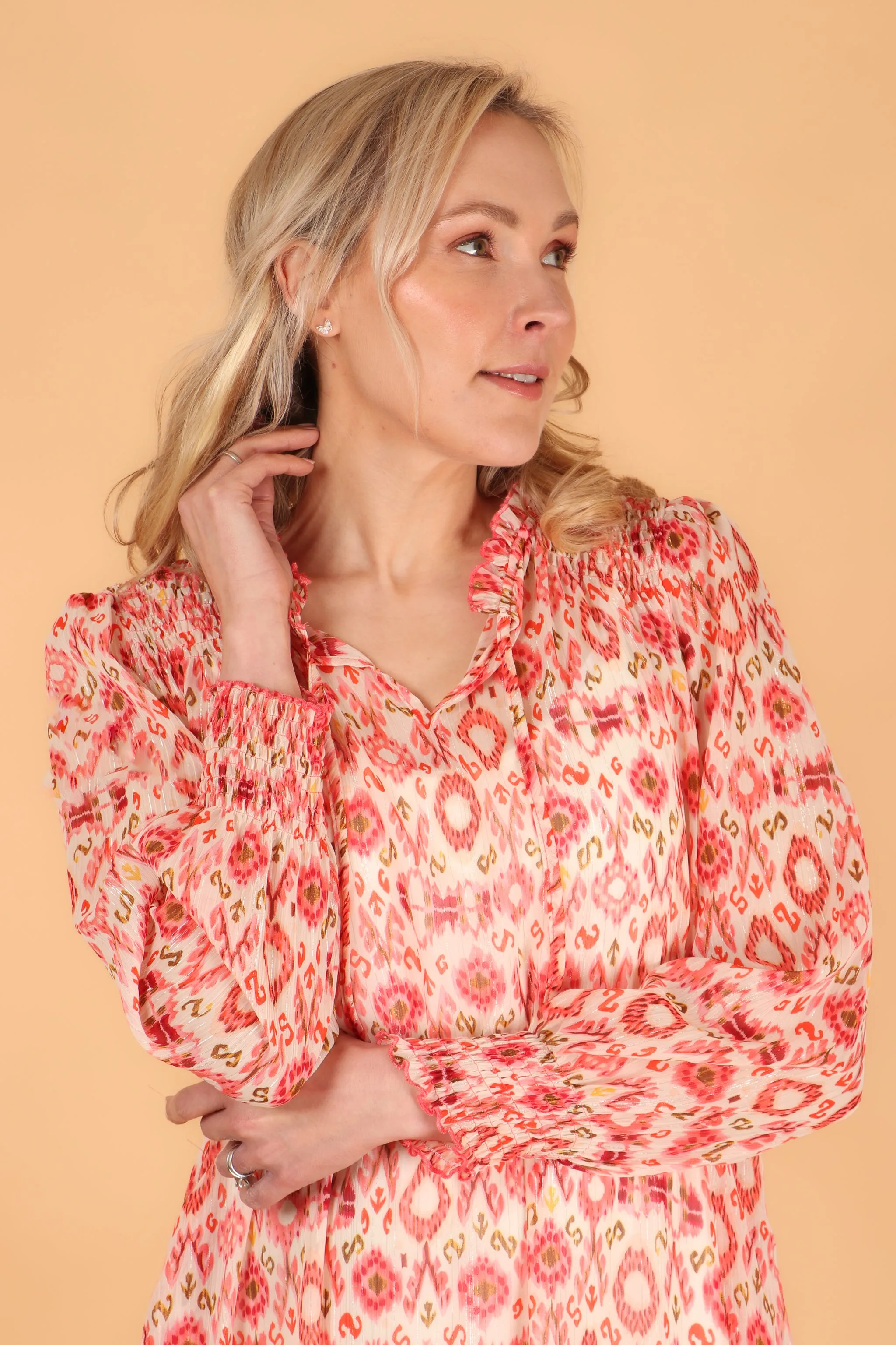 Ikat Print Shirred Shoulder Midi Dress in Coral