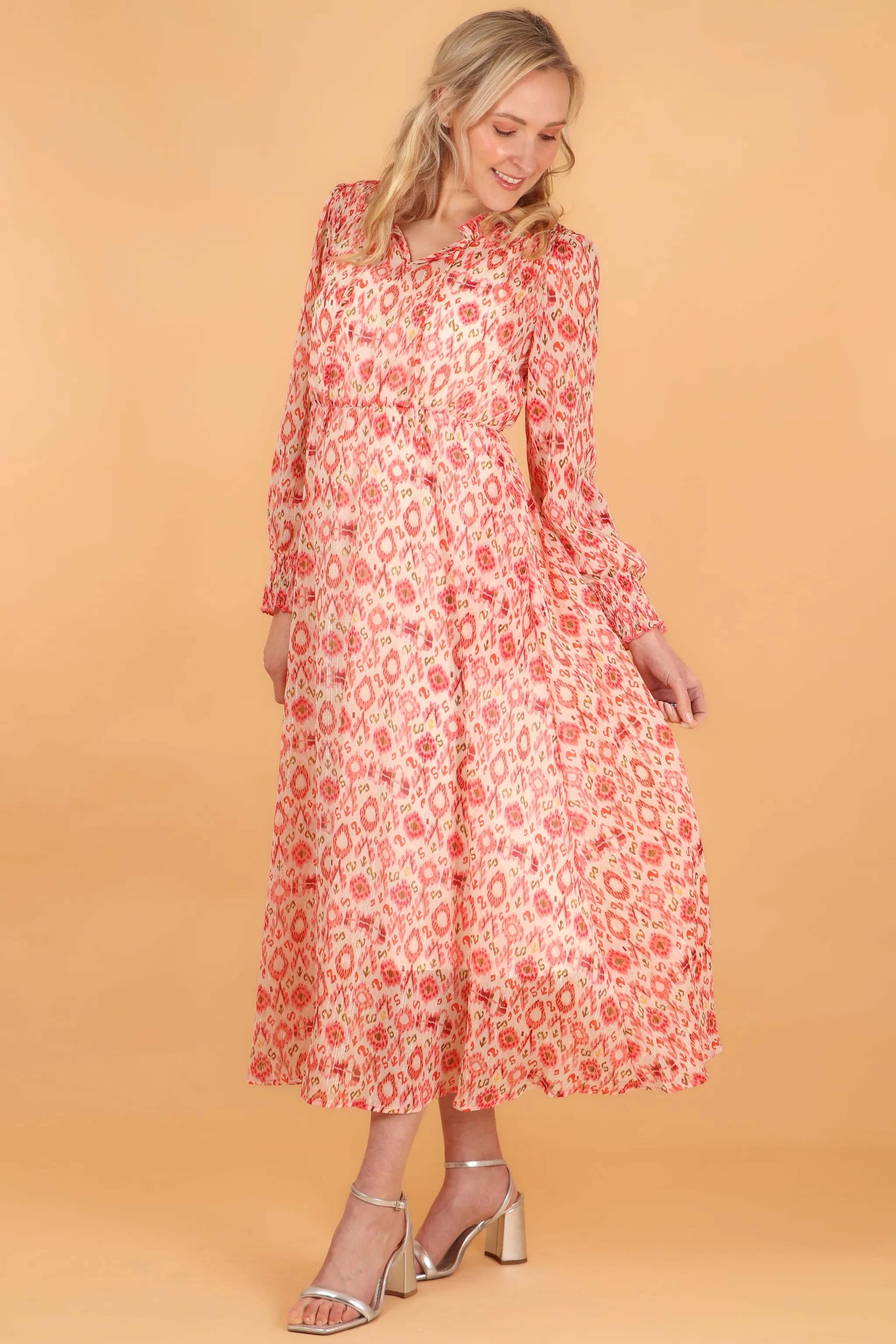 Ikat Print Shirred Shoulder Midi Dress in Coral