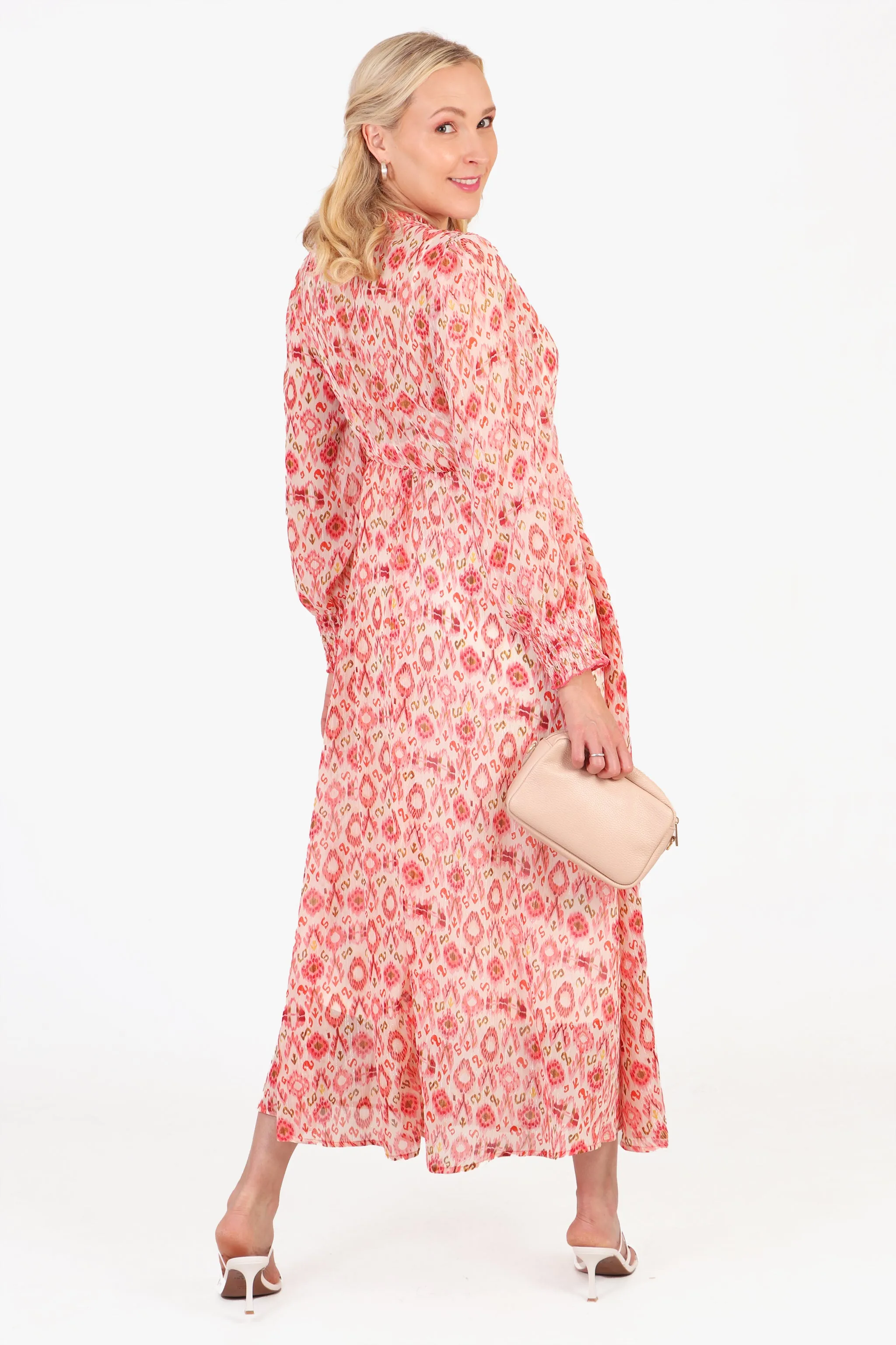 Ikat Print Shirred Shoulder Midi Dress in Coral