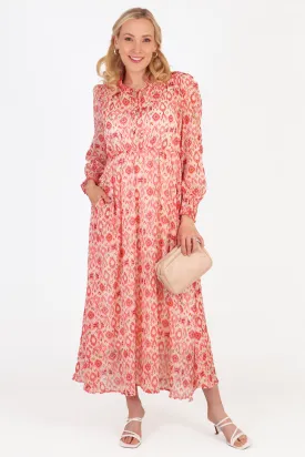 Ikat Print Shirred Shoulder Midi Dress in Coral
