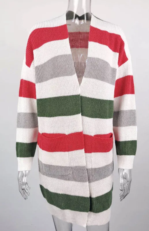 Jody Ladies Casual Fashion Striped Contrast Knit Cardigan