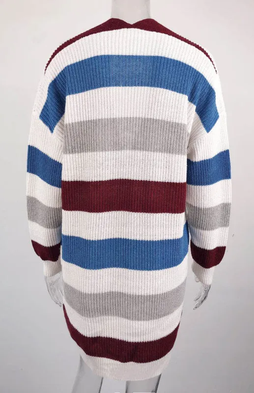 Jody Ladies Casual Fashion Striped Contrast Knit Cardigan