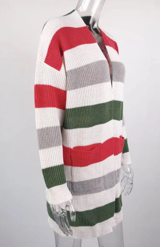 Jody Ladies Casual Fashion Striped Contrast Knit Cardigan
