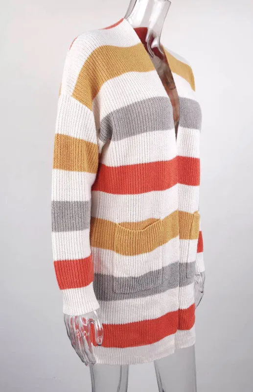 Jody Ladies Casual Fashion Striped Contrast Knit Cardigan