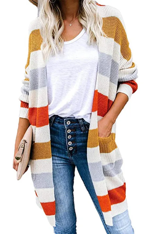 Jody Ladies Casual Fashion Striped Contrast Knit Cardigan