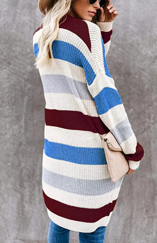Jody Ladies Casual Fashion Striped Contrast Knit Cardigan
