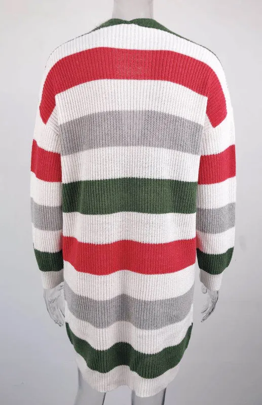 Jody Ladies Casual Fashion Striped Contrast Knit Cardigan